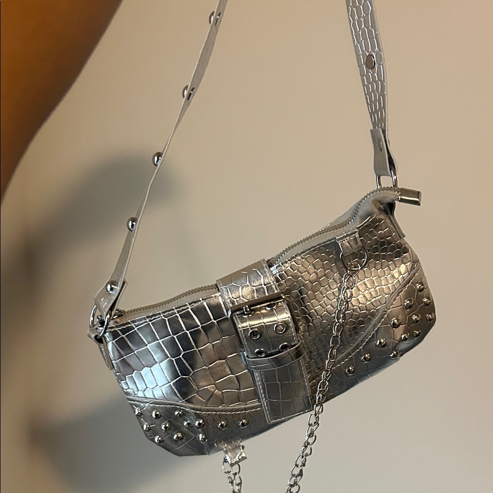 SHEIN Metallic Silver Embossed Shoulder Bag
